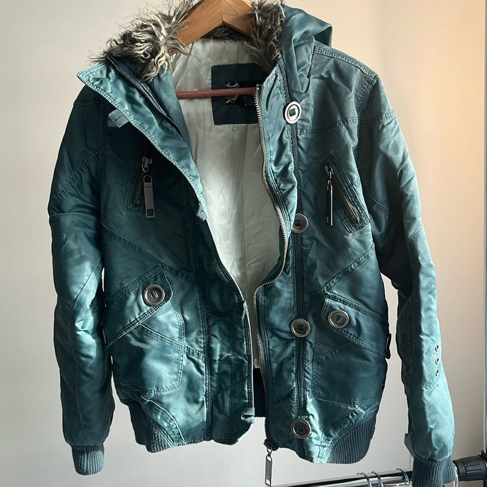 Angel Kiss Green Bomber Jacket Faux Fur Hood Size M